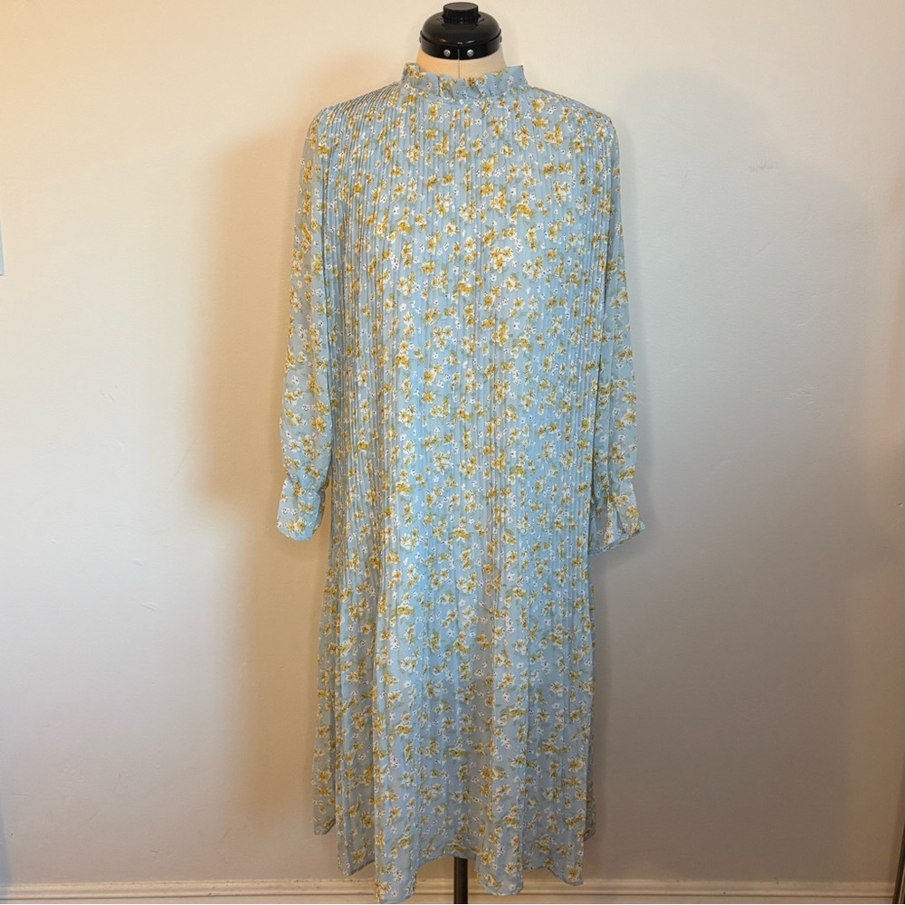 Light Blue Floral Midi Dress with High Neck